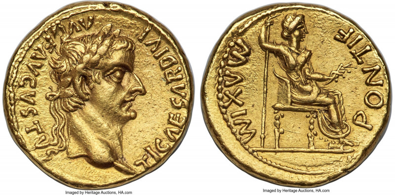 Tiberius (AD 14-37). AV aureus (19mm, 7.73 gm, 7h). NGC AU 5/5 - 2/5, brushed. L...