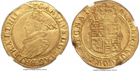 Charles I Unite ND (1625-1626) AU58 NGC, Tower mint (under Charles I), Cross Calvary mm, Group B, KM151.1, S-2687, N-2148. 9.22gm. • CAROLVS D' • G' M...