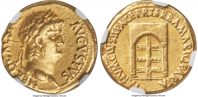 Nero (AD 54-68). AV aureus (18mm, 7.27 gm, 7h). NGC XF 5/5 - 3/5. Rome, AD 64-66...