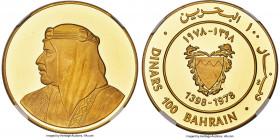 Isa Bin Salman gold Proof "50th Anniversary of Bahrain Monetary Agency" 100 Dinars AH 1398 (1978) PR63 Ultra Cameo NGC, KM12. A choice offering with d...
