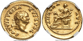 Titus, as Caesar (AD 79-81). AV aureus (20mm, 7.38 gm, 6h). NGC XF 5/5 - 4/5. Rome, AD 77-78. T CAESAR VESPASIANVS, laureate head of Titus right / ANN...