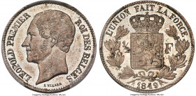 Leopold I 1/2 Franc 1849 MS63 PCGS, KM15. Wholly Prooflike surfaces, lightly toned over the reflective fields. Presently the second finest certified b...
