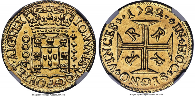 João V gold 4000 Reis 1722-R MS62 NGC, Rio de Janeiro mint, KM102, LMB-174, Guim...