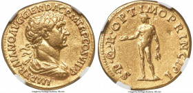 Trajan (AD 98-117). AV aureus (19mm, 7.11 gm, 7h). NGC Choice XF 5/5 - 3/5, Fine Style. Rome, AD 113-114. IMP TRAIANO AVG GER DAC P M TR P COS VI P P,...