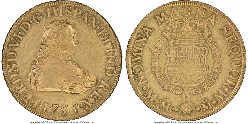 Ferdinand VI gold 8 Escudos 1755 Mo-MM AU55 NGC, Mexico City mint, KM151, Cal-79...