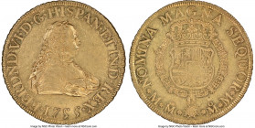 Ferdinand VI gold 8 Escudos 1755 Mo-MM AU55 NGC, Mexico City mint, KM151, Cal-790, Onza-606. A challenging type, represented here by an exacting strik...