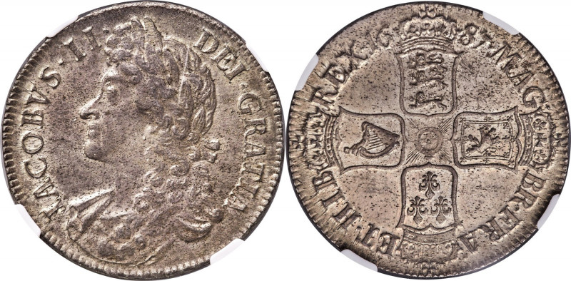 James II Crown 1687 MS62 NGC, KM463, S-3407, ESC-743. TERTIO edge. An elusive ne...