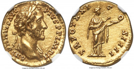 Antoninus Pius (AD 138-161). AV aureus (18mm, 7.00 gm, 6h). NGC MS 5/5 - 4/5, Fine Style. Rome, AD 157-158. ANTONINVS AVG-PIVS P P IMP II, laureate bu...