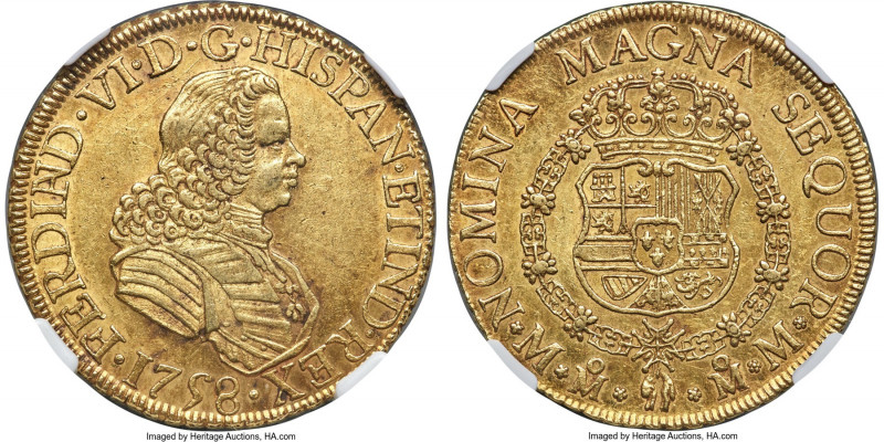 Ferdinand VI gold 8 Escudos 1758 Mo-MM AU55 NGC, Mexico City mint, KM152, Cal-79...