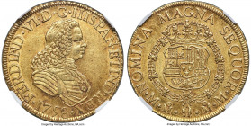 Ferdinand VI gold 8 Escudos 1758 Mo-MM AU55 NGC, Mexico City mint, KM152, Cal-794. The penultimate date of this popular series, showcasing a uniform s...