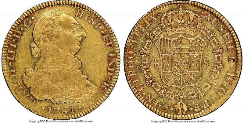 Charles III gold 4 Escudos 1781 Mo-FF AU58 NGC, Mexico City mint, KM142.2, Cal-1...