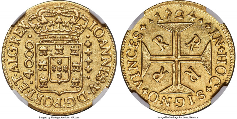 João V gold 4000 Reis 1724-R MS61 NGC, Rio de Janeiro mint, KM102, LMB-176, Guim...