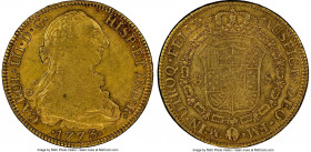 Charles III gold 8 Escudos 1773 Mo-FM AU53 NGC, Mexico City mint, KM156.2, Cal-2001, Onza-762. A fleeting first-year issue of the subtype with an inve...