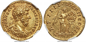Lucius Verus, as Augustus (AD 161-169). AV aureus (19mm, 7.26 gm, 5h). NGC Choice MS 5/5 - 5/5, Fine Style. Rome, December AD 163-early AD 164. •L•VER...