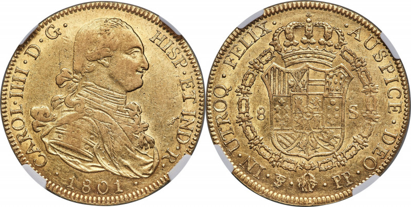 Charles IV gold 8 Escudos 1801 PTS-PP AU58 NGC, Potosi mint, KM81, Cal-1707. A n...