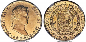 Ferdinand VII gold 8 Escudos 1824 PTS-PJ AU50 NGC, Potosi mint, KM91, Cal-1828. The last colonial 8 Escudos from the Potosi mint, showing well-rendere...