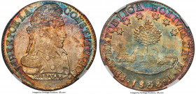 Republic 8 Soles 1838 PTS-LM MS62+ S NGC, Potosi mint, KM97. A stunning specimen that possesses considerable eye appeal. This offering boasts fully de...