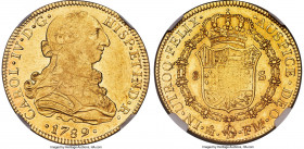 Charles IV gold 8 Escudos 1789 Mo-FM AU55 NGC, Mexico City mint, KM157, Onza-1015. Strobing luster illuminates the sharp devices, despite the light ce...