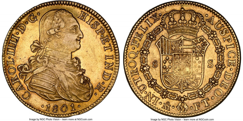 Charles IV gold 8 Escudos 1801 Mo-FT AU58 NGC, Mexico City mint, KM159, Cal-1644...