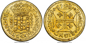 João V gold 1000 Reis 1708-R AU Details (Bent) NGC, Rio de Janeiro mint, KM103, LMB-154. Struck for only in 1708 and 1726, this 1000 Reis type ranks a...