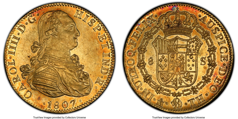 Charles IV gold 8 Escudos 1807/6 Mo-TH MS62 PCGS, Mexico City mint, KM159, Cal-1...