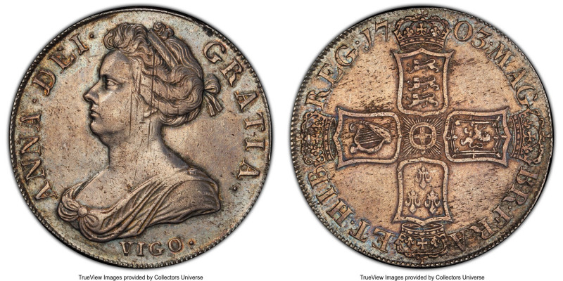 Anne "Vigo" Crown 1703 AU53 PCGS, KM519.1, S-3576. Perhaps the most popular crow...