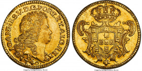 João V gold 6400 Reis (Peça) 1740-R UNC Details (Obverse Scratched) NGC, Rio de Janeiro mint, KM149, LMB-215. Showing well-defined motifs with somewha...