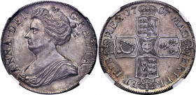 Anne Crown 1707 MS60 NGC, KM526.2. Marvelously rendered devices with a fiery patina that lends itself from deep indigo to flames of yellow and orange....
