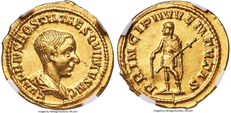 Hostilian, as Caesar (AD 250-251). AV aureus (19mm, 3.89 gm, 7h). NGC AU 4/5 - 3...