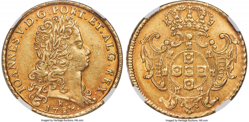 João V gold 12800 Reis (Dobra) 1728/7-R AU53 NGC, Rio de Janeiro mint, KM140, cf...