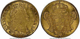 João V gold 6400 Reis (Peça) 1746-R MS64 NGC, Rio de Janeiro mint, KM149, LMB-221. Virtually a gem, with silky goldenrod coloration and a self-assured...
