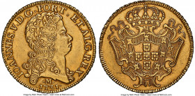 João V gold 12800 Reis (Dobra) 1731-M AU58 NGC, Minas Gerais mint, KM139, LMB-287. A confident representative of this sought-after weighty type, envel...