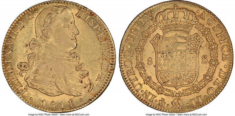 Ferdinand VII gold 8 Escudos 1811 Mo-JJ MS61 NGC, Mexico City mint, KM160, Cal-1...