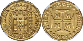 João V gold 20000 Reis (Dobrão) 1725-M AU Details (Cleaned) NGC, Minas Gerais mint, KM117, LMB-249. A chiseled piece, struck with fresh dies, consider...