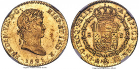 Ferdinand VII gold 8 Escudos 1821 Mo-JJ MS62 Prooflike NGC, Mexico City mint, KM161, Cal-1800, Onza-1272. A somewhat more fleeting War of Independence...