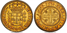 Jose I gold 4000 Reis 1775-(L) AU55 NGC, Lisbon mint, KM171.1, LMB-298. 1st type. Inverted Reverse, "IOSEPHUS DOMINVS" variety. A sharp survivor, pres...