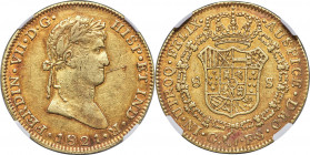 Ferdinand VII gold 8 Escudos 1821 XF Details (Obverse Scratched) NGC, Guadalajara mint, KM161.1, Cal-1748. Plain bust variety. From the chaotic War of...