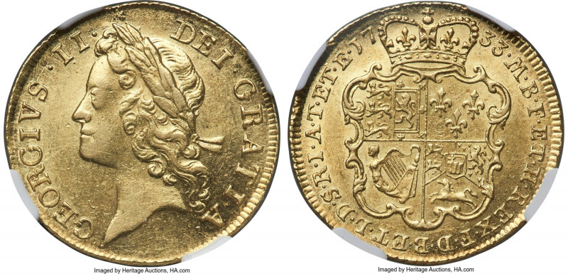 George II gold Guinea 1733 AU58 NGC, KM573.3, Fr-339, S-3674. A scarce issue in ...