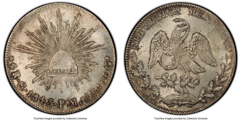 Republic 4 Reales 1843 Go-PM MS63+ PCGS, Guanajuato mint, KM375.4. Concave wings...