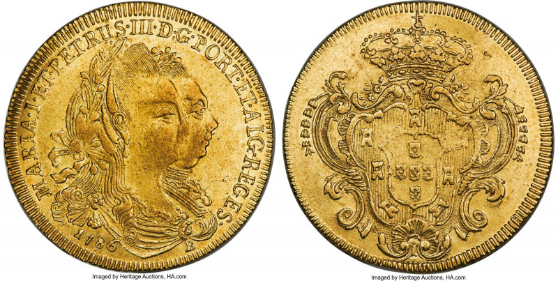 Maria I & Pedro III gold 6400 Reis 1786-B AU55 NGC, Bahia mint, KM199.1, LMB-491...