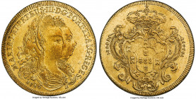 Maria I & Pedro III gold 6400 Reis 1786-B AU55 NGC, Bahia mint, KM199.1, LMB-491. The last year of issue, presenting lightly handled devices and blush...