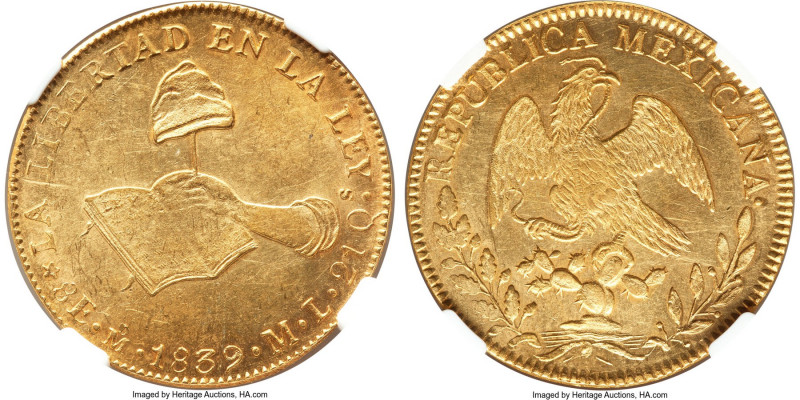 Republic gold 8 Escudos 1839 Mo-ML MS61 NGC, Mexico City mint, KM383.9. NGC's "t...