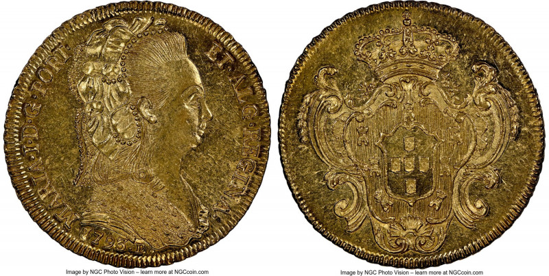 Maria I gold 6400 Reis 1793-R MS62 NGC, Rio de Janeiro mint, KM226.1, LMB-531. A...