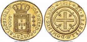 João Prince Regent gold 4000 Reis 1815/4-(R) MS63 NGC, Rio de Janeiro mint, KM235.2, LMB-575. A radiant piece, occupied by chiseled devices upon lustr...
