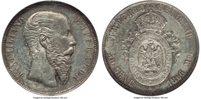 Maximilian 50 Centavos 1866-Mo MS62 NGC, Mexico City mint, KM387. A relatively s...