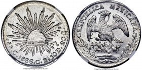 Republic 8 Reales 1866 C-CE MS63 NGC, Culiacan mint, KM377.3, DP-Cn23. Five-pointed star variety. Showing icy motifs, bold and crisp, upon glossy and ...