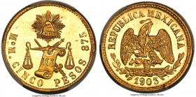 Republic gold 5 Pesos 1903 Mo-M MS64+ PCGS, Mexico City mint, KM412.6, Fr-128. A near gem representative that showcases razor sharp devices and flashi...