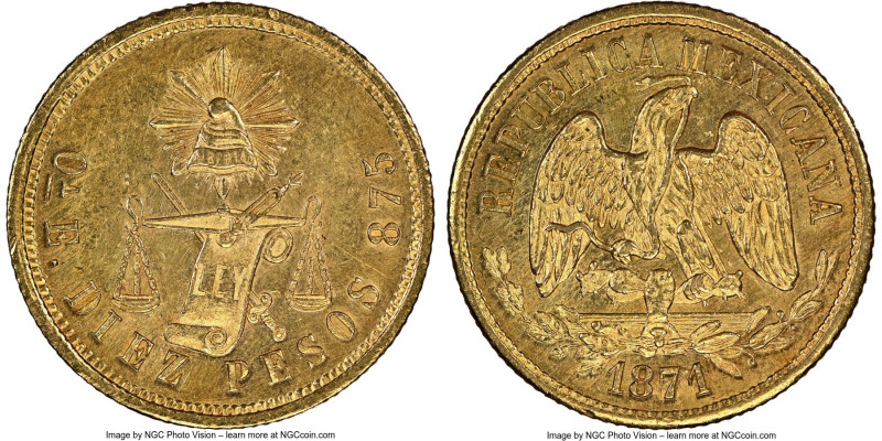 Republic gold 10 Pesos 1871 Oa-E MS62 NGC, Oaxaca mint, KM413.8, Fr-136. A gorge...