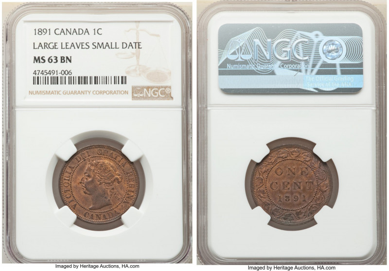 Victoria "Large Leaves - Small Date" Cent 1891 MS63 Brown NGC, London mint, KM7....