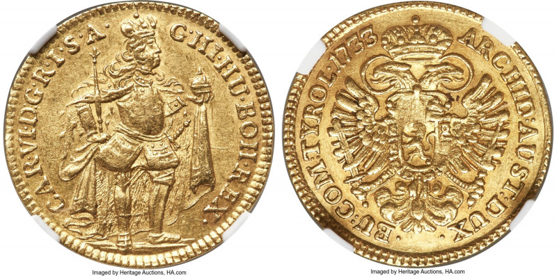 Karl VI gold Ducat 1733 MS61 NGC, Prague mint, KM677, Fr-47b, Dietiker-1031. Min...